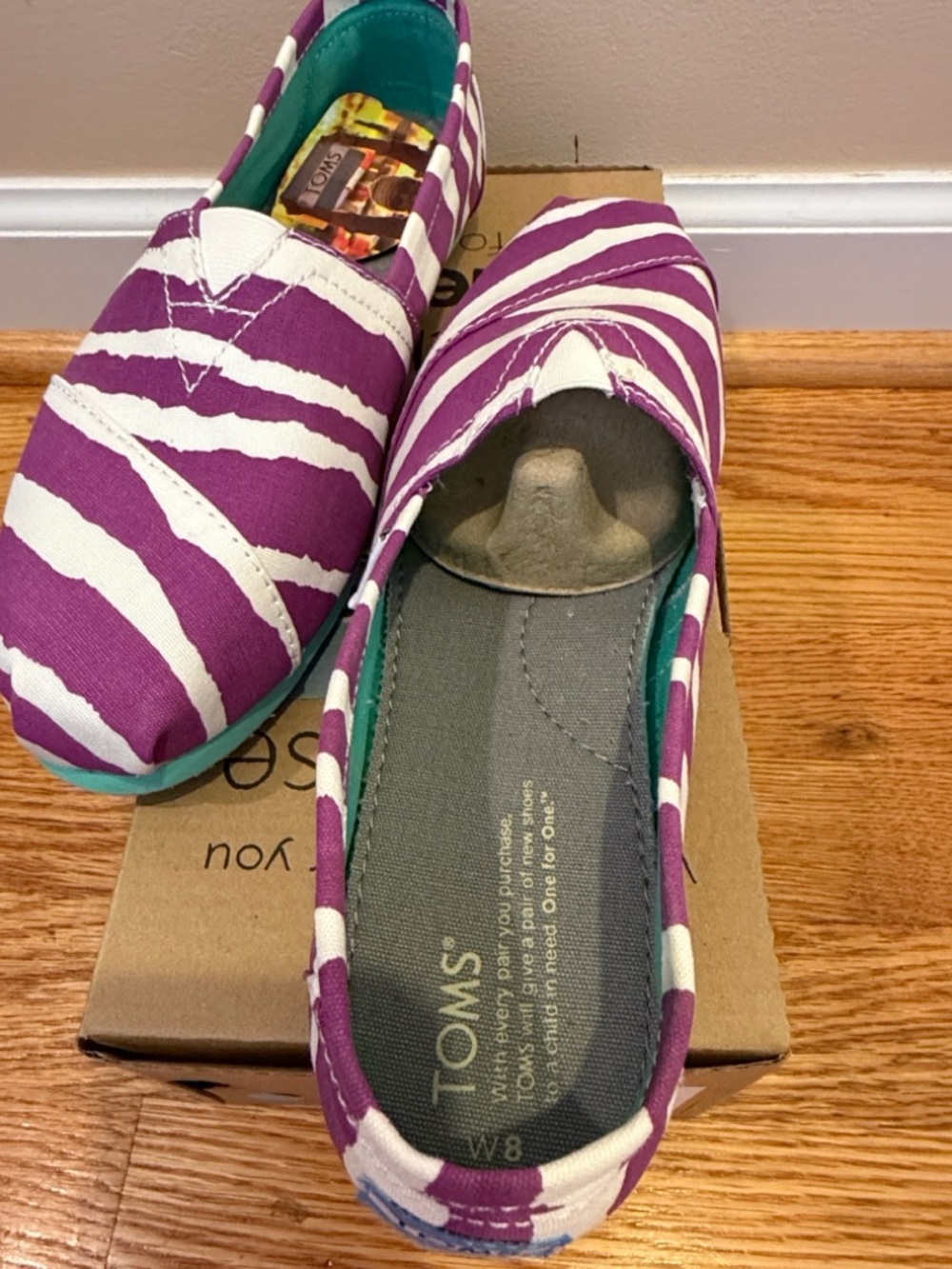 TOMS Purple & White Zebra-Print Slip-On Shoes with Teal Accents